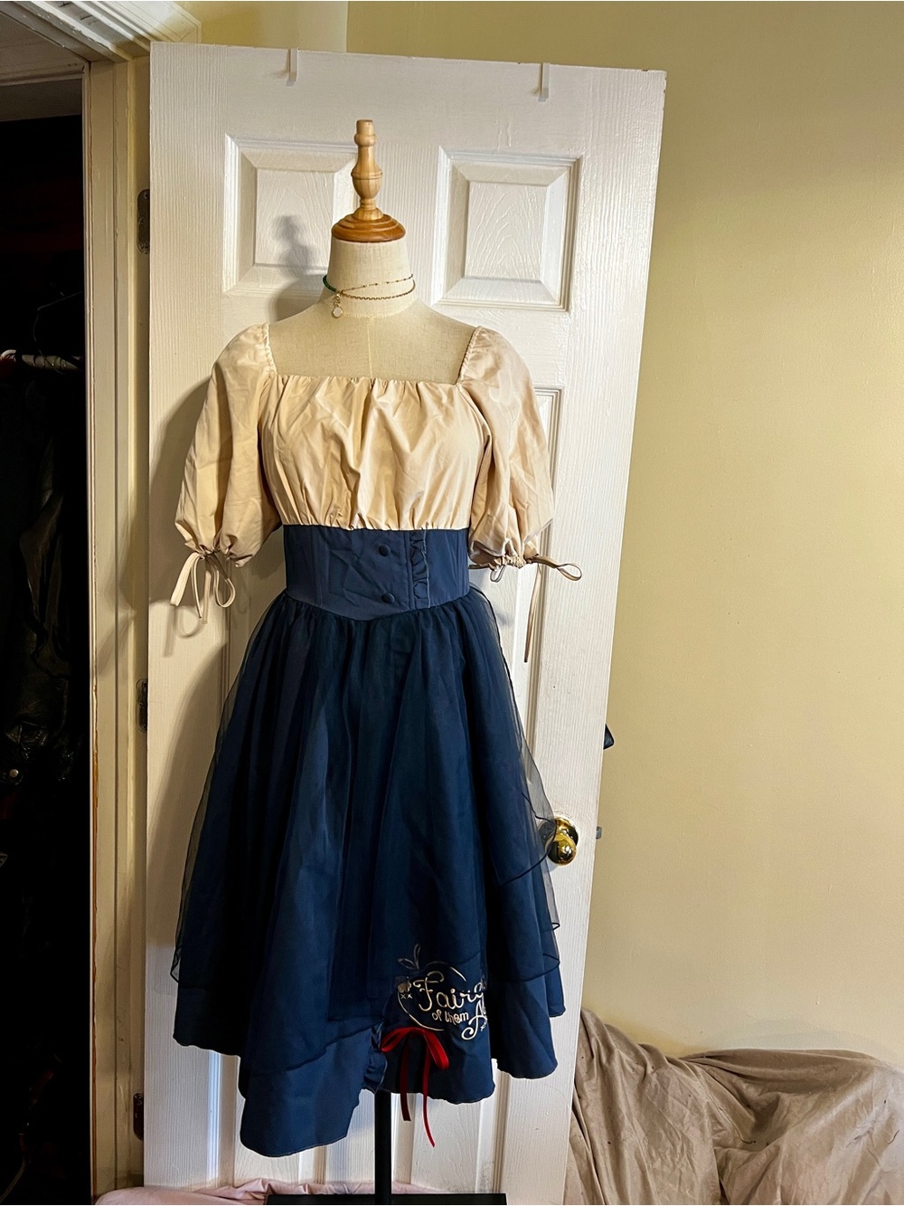 New Women’s Blue Cream Lolita Fairest Coquette Cosplay Milkmaid Retro Dress XS-S - Picture 2 of 11